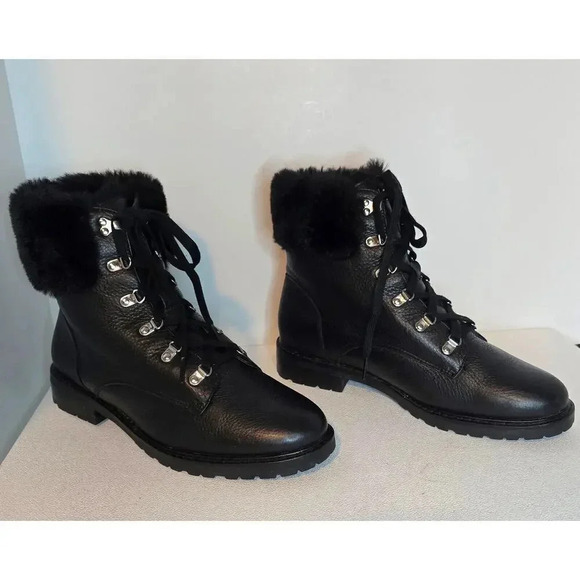 WOMEN'S LAUREN RALPH LAUREN LEATHER TIE ANKLE BOOTS LANESCOT FAUX FUR BLACK 10 B - Picture 5 of 12